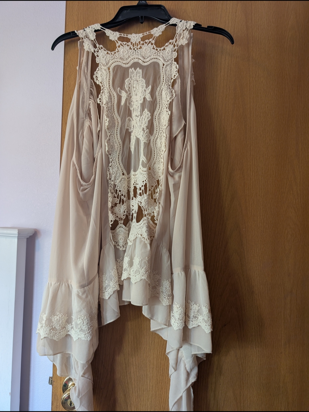 Umgee Cream Crochet Lace Vest With Silky Ruffles